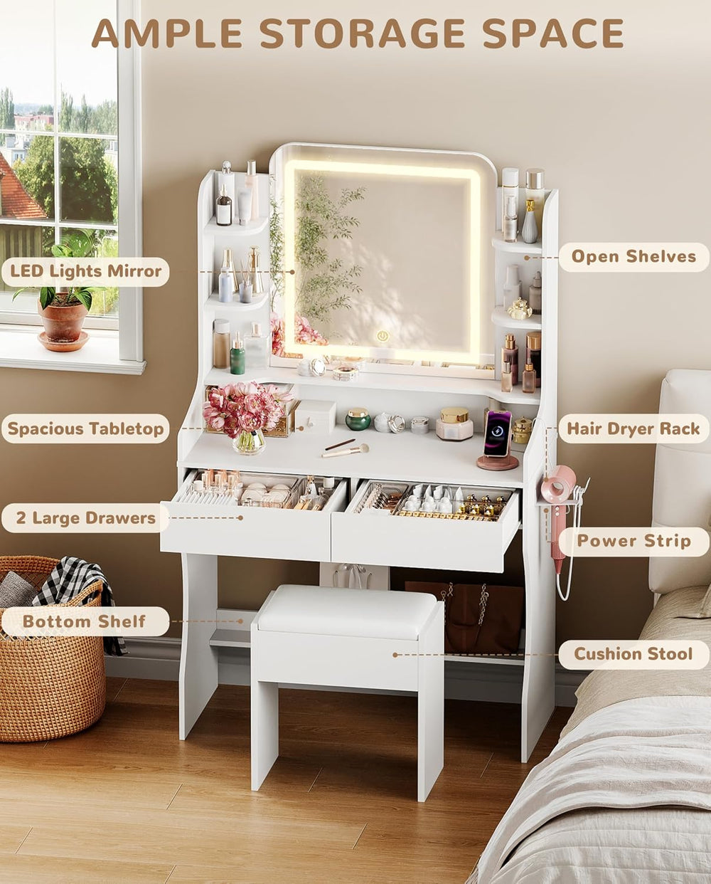 wanan Vanity Desk with Mirror and Lights, Makeup Vanity with 3 Color Adjustab...