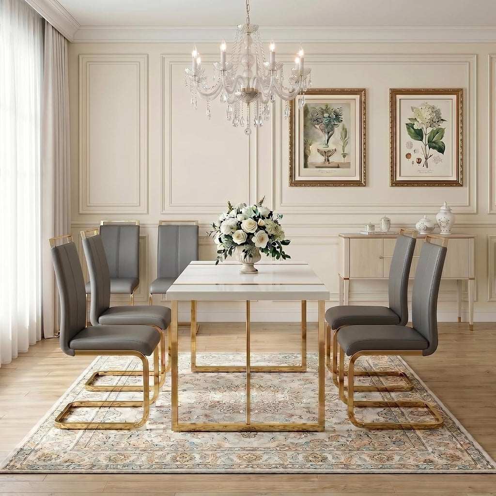 gopop Dining Table Set for 6, Kitchen Table Chairs Set of 6, 55" White High-Gloss Lacquered Tabletop & Electroplated Metal Frame, Modern Kitchen Tables with 6 Chairs for Dining Room