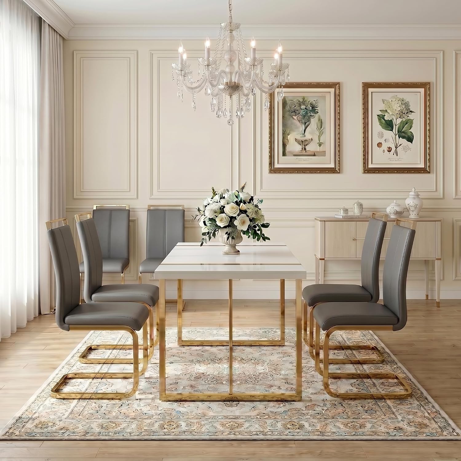gopop Dining Table Set for 6, Kitchen Table Chairs Set of 6, 55" White High-Gloss Lacquered Tabletop & Electroplated Metal Frame, Modern Kitchen Tables with 6 Chairs for Dining Room