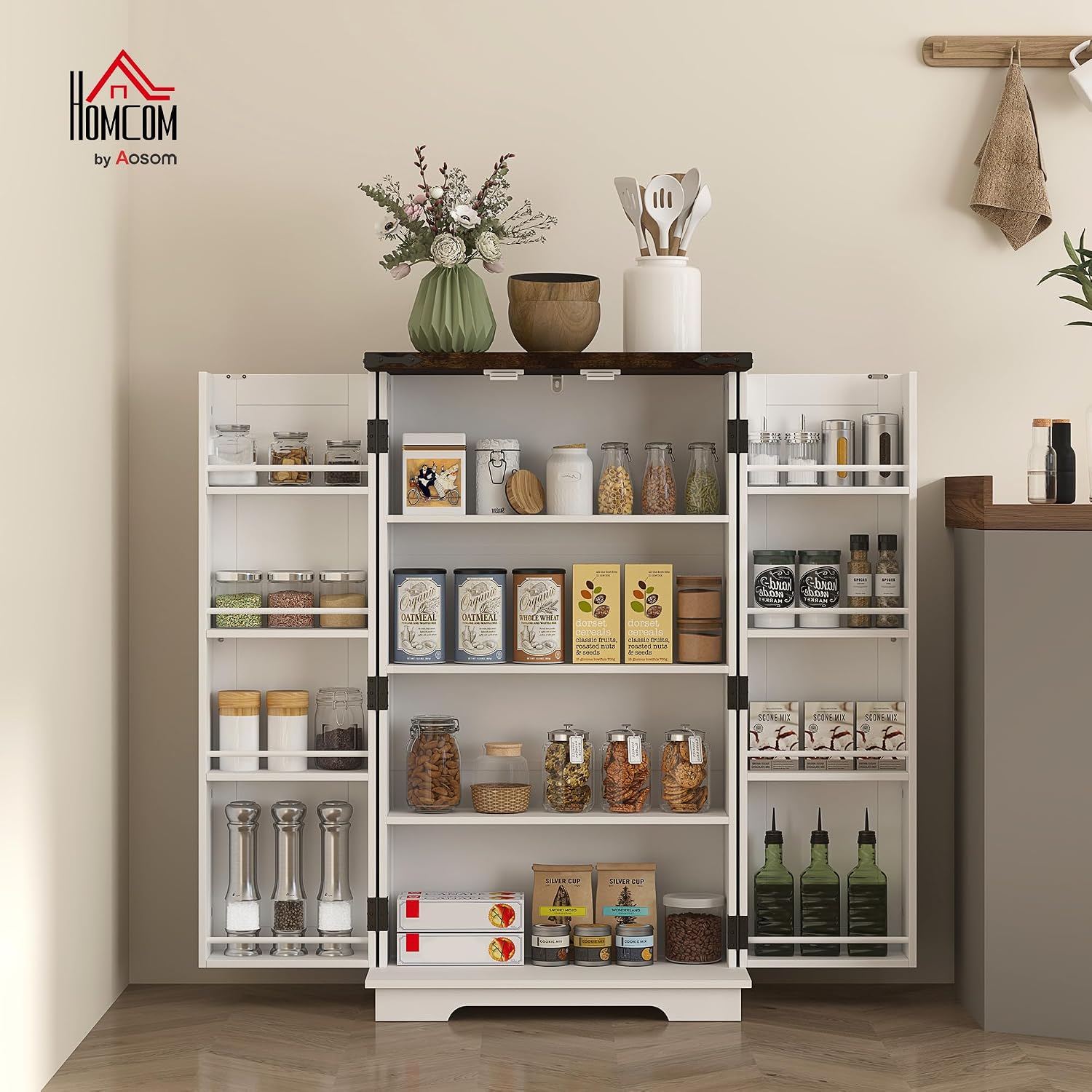HOMCOM 41" Kitchen Pantry Cabinet Farmhouse Storage Cabinet Doors White | Freestanding, 2 Adjustable Shelves, 8 Door Shelves