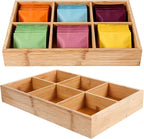 2 Pack Bamboo Tea Bag Organizers, Wooden Tea Storage Holder with 6 Roomy Compartments, Sturdy Teas Chest Boxes for Countertops Desk Drawer Shelf Coffee Station Sugar Packet Small Packets
