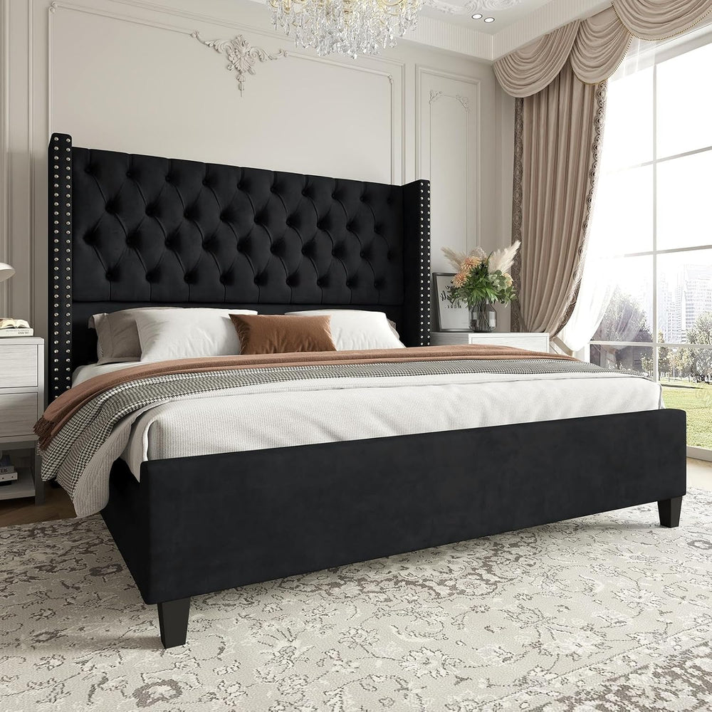 Jocisland Queen Size Bed Frame with 51.6" Velvet Wingback Headboard, Black