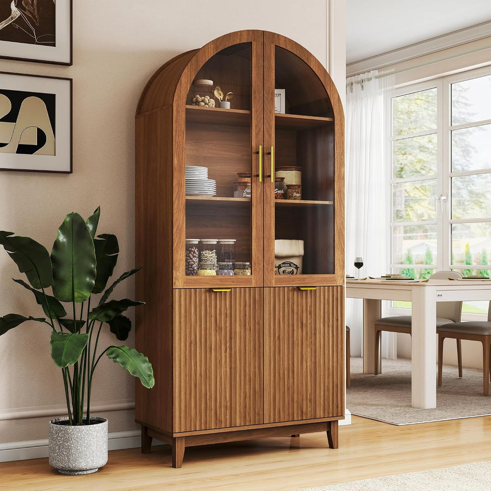 Pamapic 71" Tall Arched Cabinet, Fluted Kitchen Pantry with Glass Doors ...