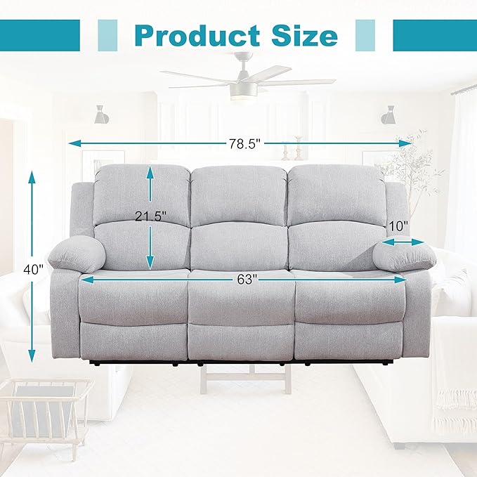 Recliner Sofa Set Couches for Living Room Chair Line Fabric Living Room Furniture Sets, Adjusted Loveseat Reclining Couch Furniture Sofa Set for Theater Seating, 3-Seater, Grey White