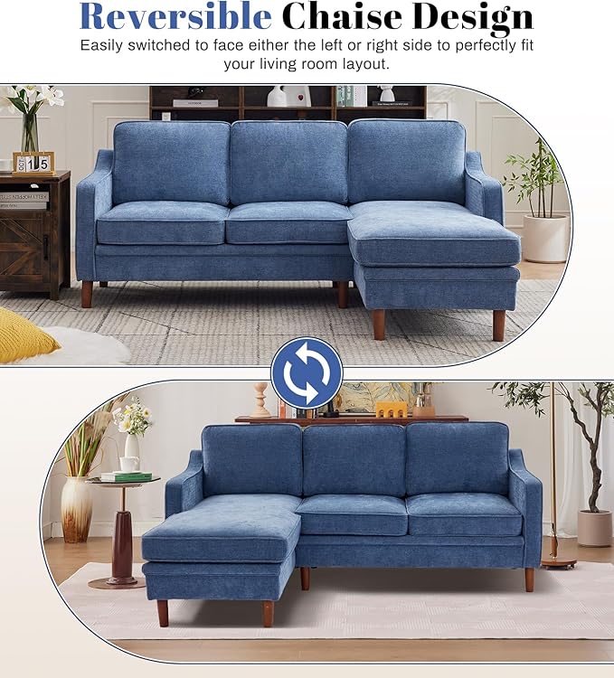 Kingfun 88" L-Shape Sofa, Chenille Sectional Couch, Mid Century Modern Couches with Solid Wood Frame for Living Room & Bedroom, Light Blue
