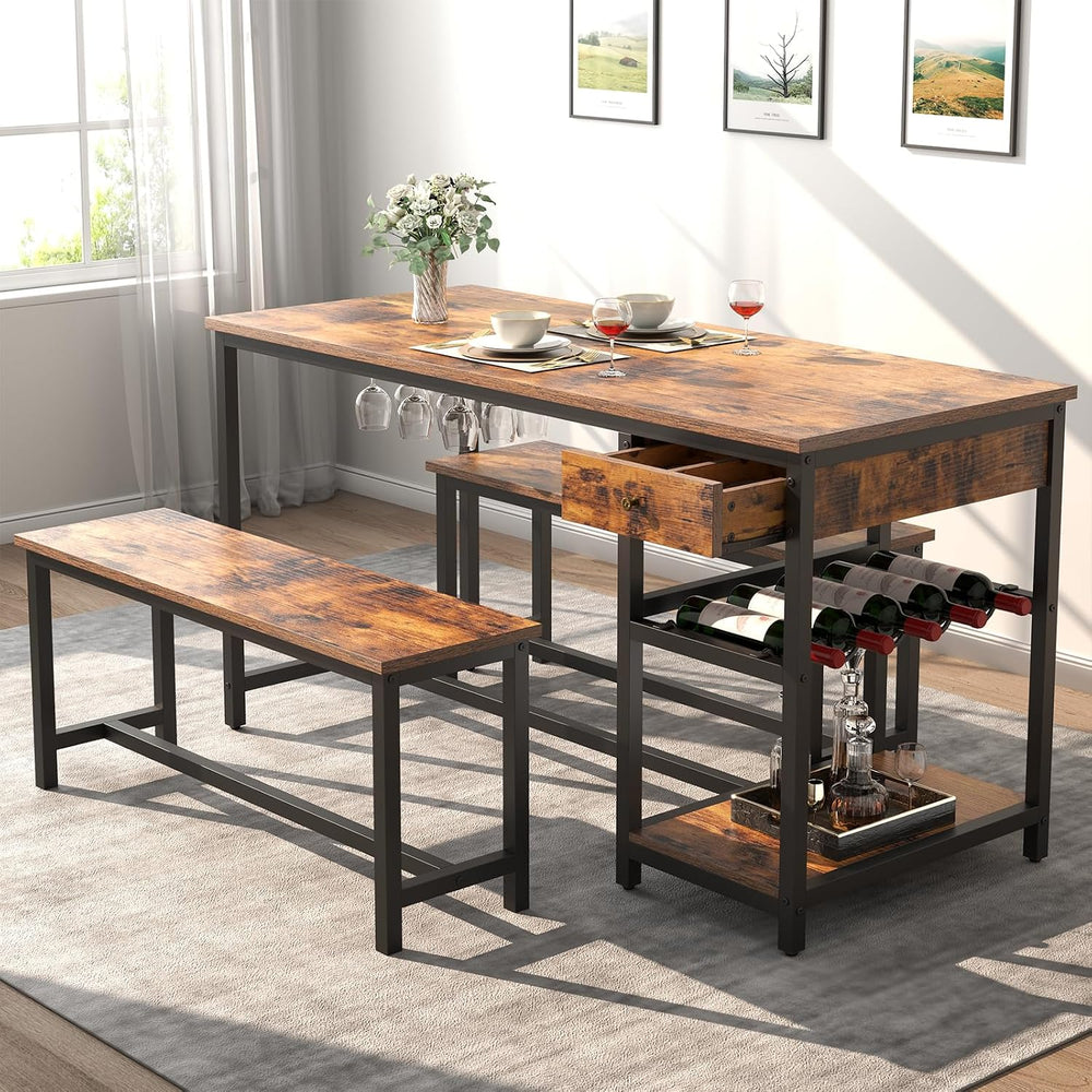 Dining Table Set for 4-6 People, 54.7" Kitchen Dinner Table with 2 Benches