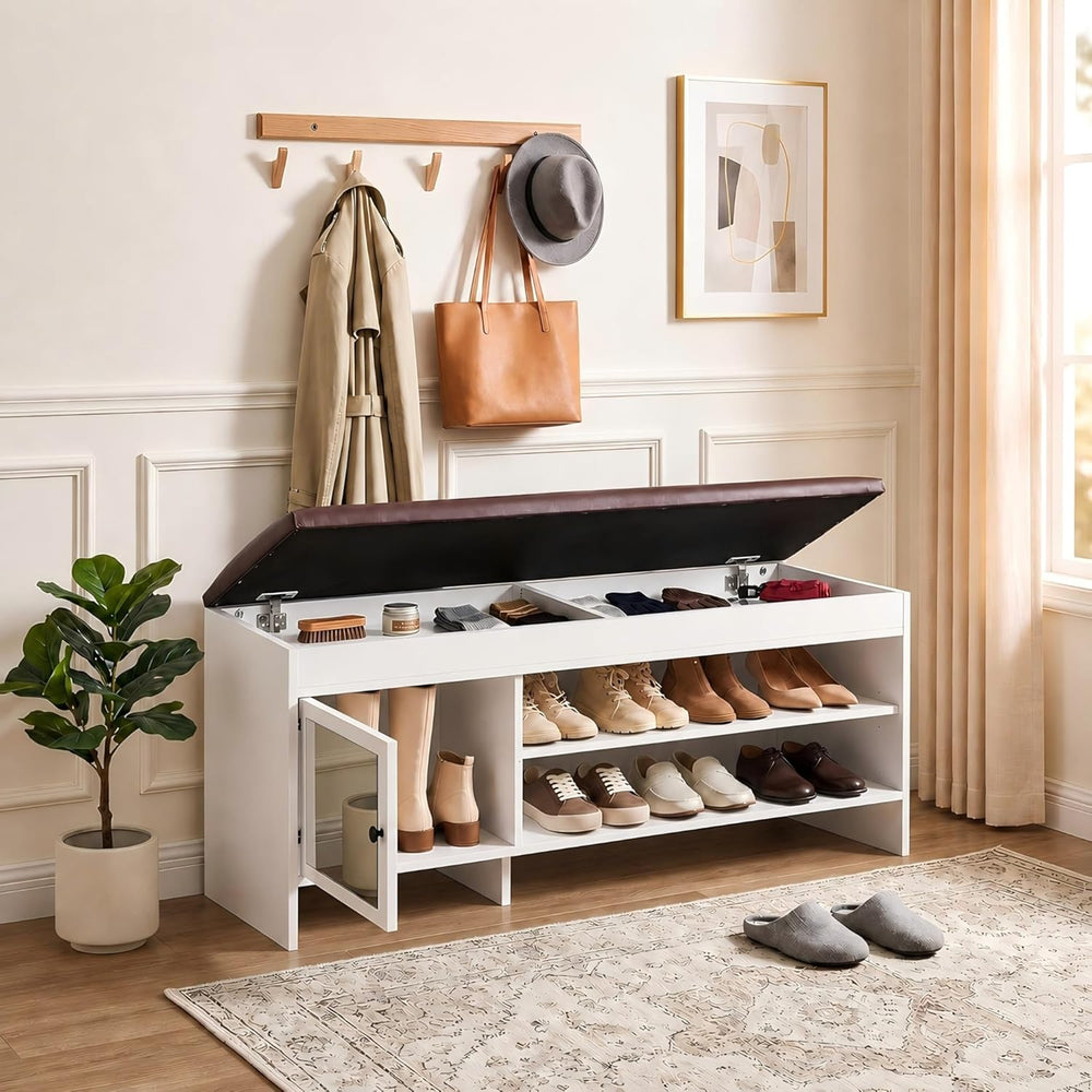 40.5 in Shoe Bench with Storage, Storage Bench, Padded Seat, White | Lift-top...