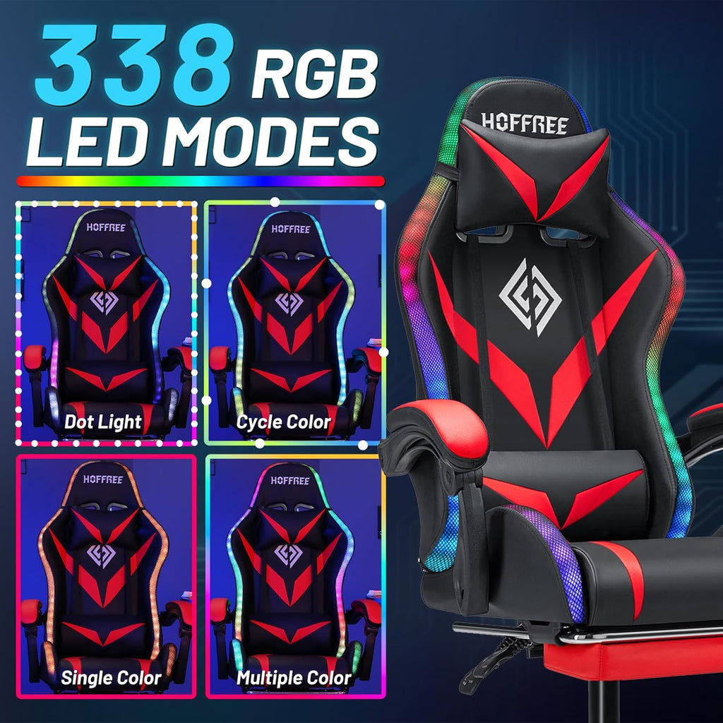 Gaming Chair with Speakers and LED Lights Ergonomic Computer Chair with Massage and Footrest Reclining Video Game Chair for Adults with Adjustable Lumbar Support Red and Black