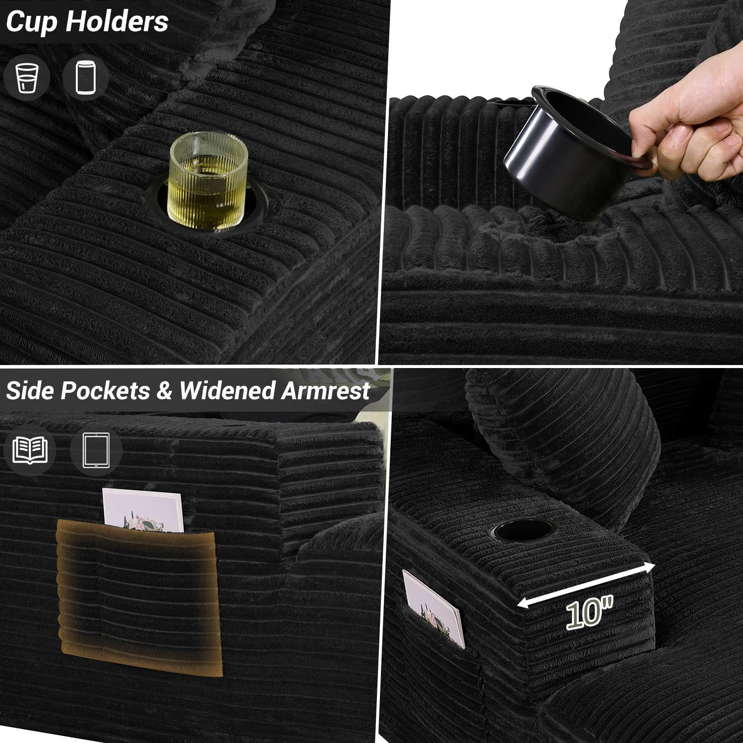 50" x 68" Corduroy Chaise Lounge, Cup Holders, Black | Oversized corduroy chaise with a deep sleeper seat, built-in cup holders, and 3 pillows for reading, lounging.