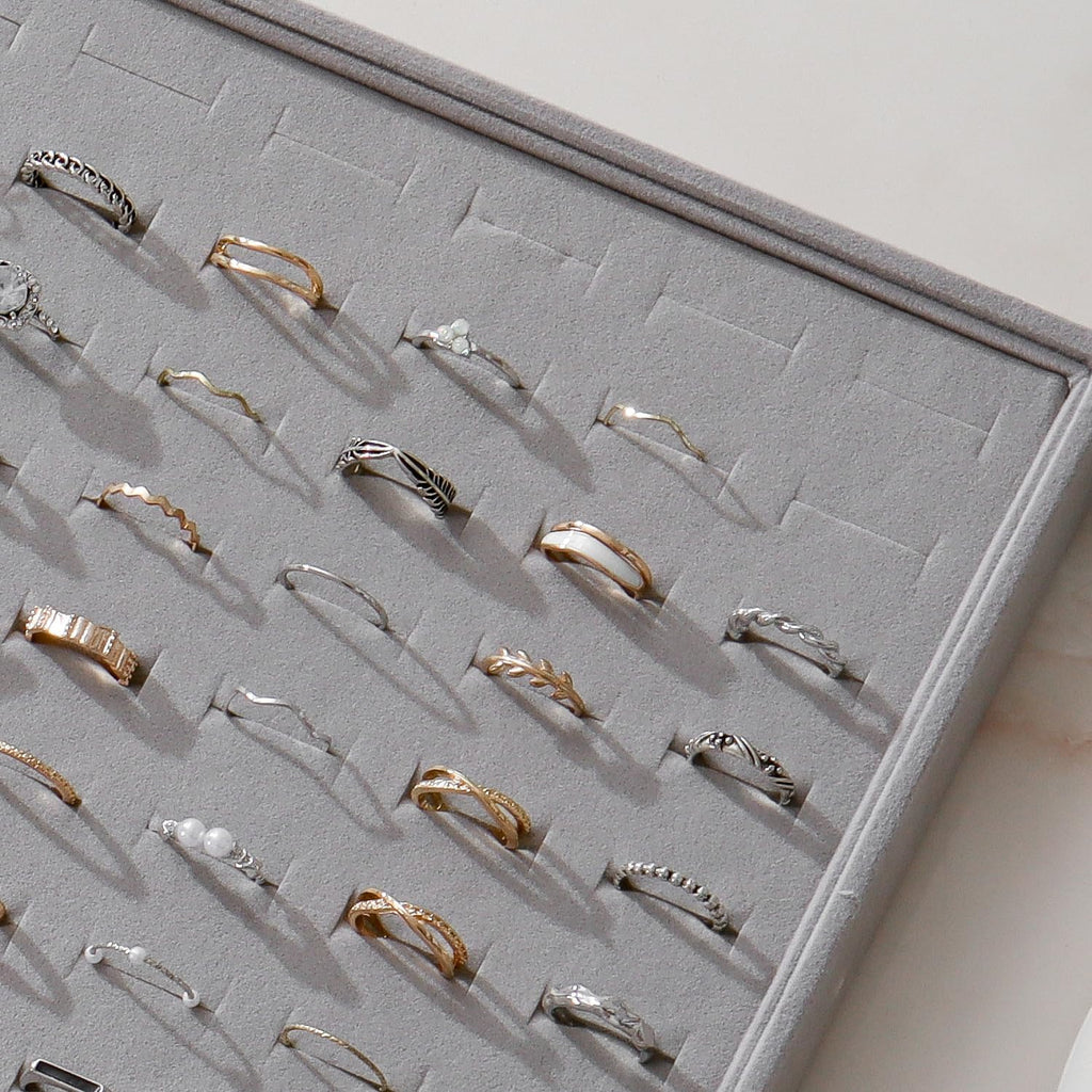 Large Jewelry Organizer for Drawer Insert Velvet Stackable Jewelry Trays for Earring Necklace Bracelet Ring Display (Gray, Ring 100 Slots)