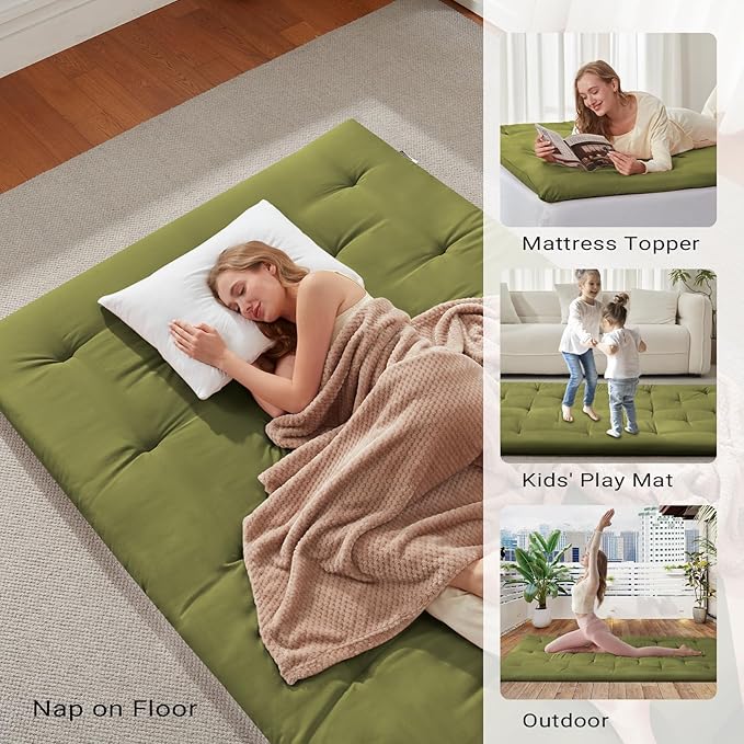 Japanese Floor Futon Mattress Full Size 54"x 80", Foldable Floor Bed Mattress, Portable Tatami Mat Sleeping Pad, Folding Futon Cushion, Roll Up Floor Lounger for Guest Room Dormitory (Green)