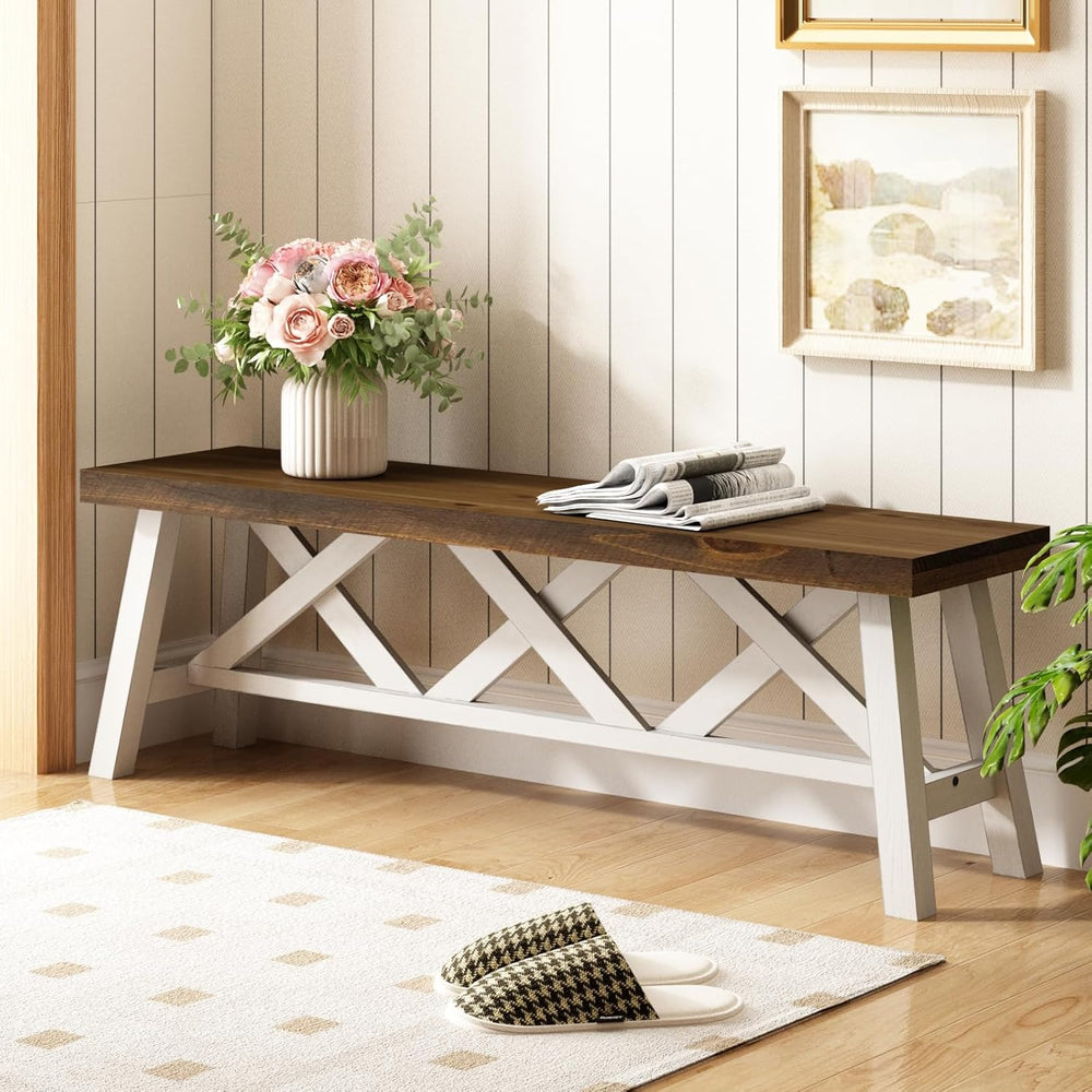 Wnutrees 54" Farmhouse Wood Bench, Rustic Solid Wood Entryway Bench Seat...