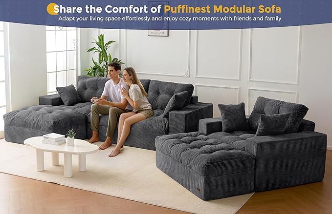 MAXYOYO Sectional Sofa Couch and Chaise Lounge, L Shaped Modern Cloud Couch with Ottoman, Comfy Sofa with Layered Cushion, Tufted Upholstered Sleeper Chair for Living Room, No Assembly Required, Grey