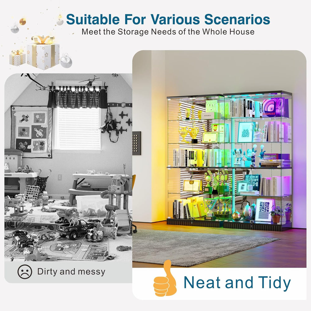 Glass Display Cabinet with Human Body Sensing RGB Lights,5-Tiers Curio Cabine...