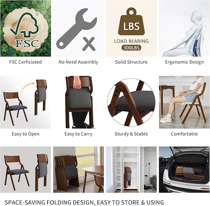 Ball & Cast Upholstered Folding Dining Chairs Set of 2, Foldable Wooden Chair 2-Pack, Portable Office-Chair for Kitchen Outdoor Activity, Easy Carry & Storage, Walnut+Grey