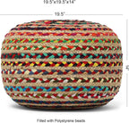 · REDEARTH · Braided Jute Cotton Pouf - Circular Boho Ottoman - Multi | Jute with Cotton Pouf, 19.5"x19.5"x14"; Braided Boho Pouffe, Doubles as Foot Rest for Living Room, Patio, Outdoor, Bedroom