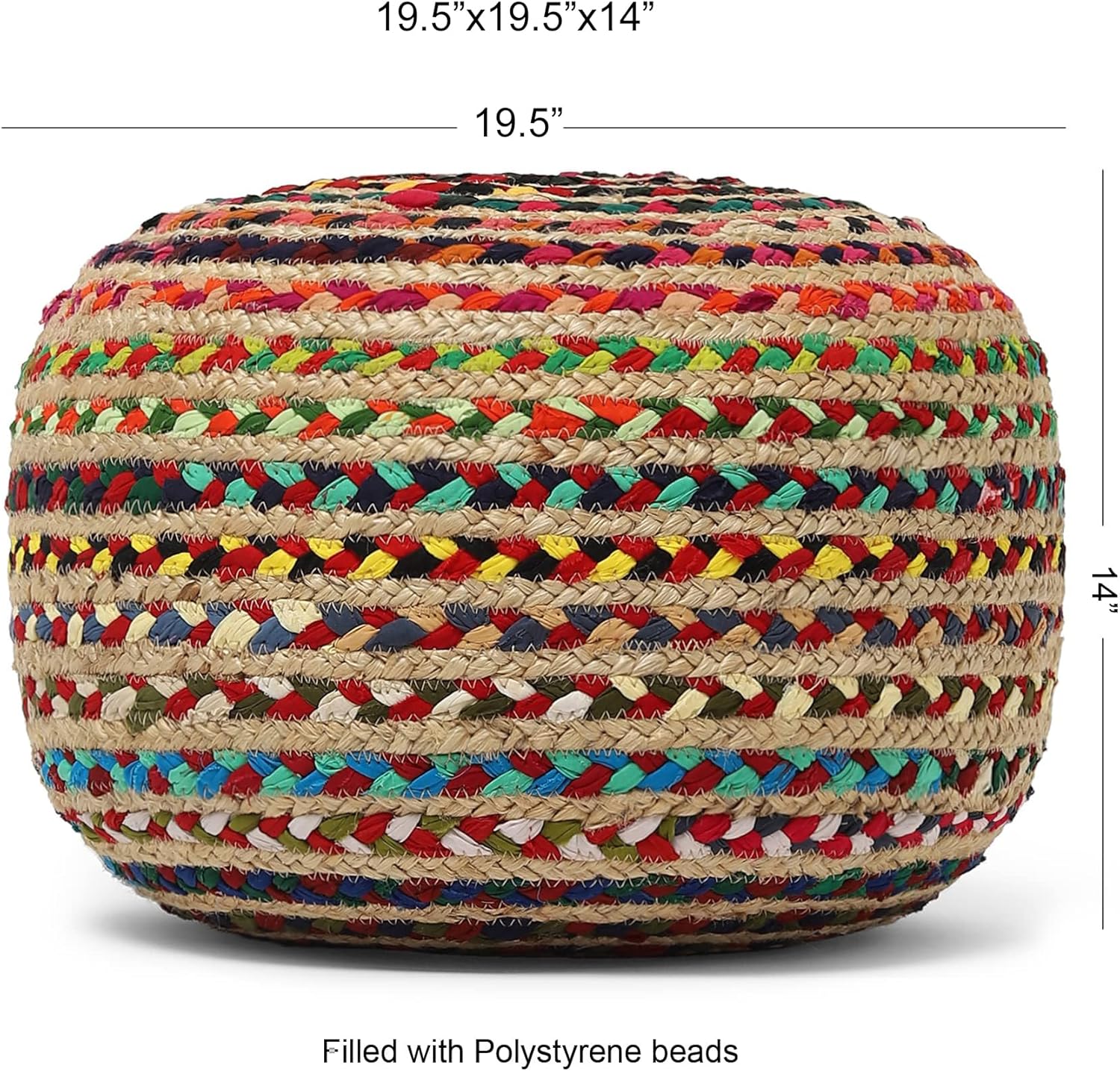 · REDEARTH · Braided Jute Cotton Pouf - Circular Boho Ottoman - Multi | Jute with Cotton Pouf, 19.5"x19.5"x14"; Braided Boho Pouffe, Doubles as Foot Rest for Living Room, Patio, Outdoor, Bedroom