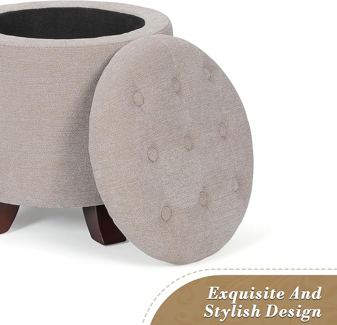 Athena Collection 15 Inch Small Ottoman with Storage, Round Linen Fabric Storage Ottoman Foot Rest with Removable Lid, Multipurpose Footstool Footrest for Living Room, Bedroom, Dorm, Khaki