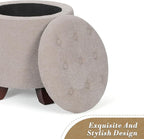 Athena Collection 15 Inch Small Ottoman with Storage, Round Linen Fabric Storage Ottoman Foot Rest with Removable Lid, Multipurpose Footstool Footrest for Living Room, Bedroom, Dorm, Khaki