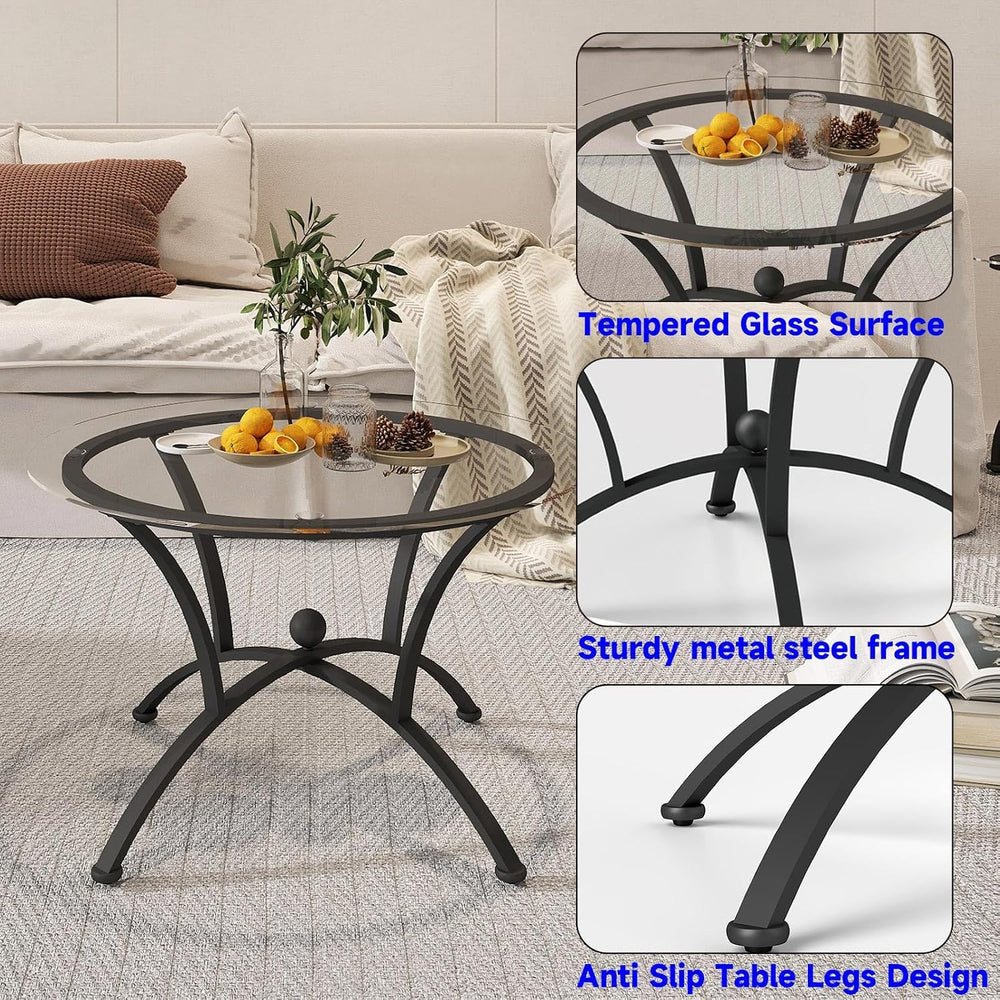 3 Piece Round Glass Coffee Table Set, Black Metal Steel Frame Center Table an...