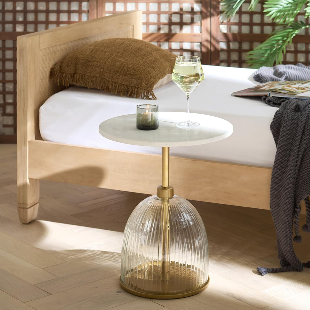 SAFAVIEH Home Collection – Kashi Clear Glass & White Marble Round Side Ta...