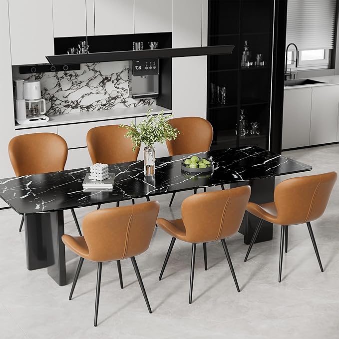 Nalupatio Dining Chairs Set of 2, Modern Dining Room Chairs Comfy Backrest Thick Upholstered Kitchen Chairs 19IN Height with Metal Legs Brwon（Pu Leather）