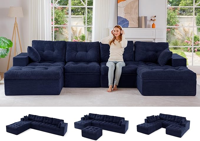 MAXYOYO 132" U Shaped Modular Sectional Sofa with 2 Ottomans, Cloud Boneless Couch with Layered Cushion, Flexible Module Combination Sofa for Living Room, No Assembly Required, Navy