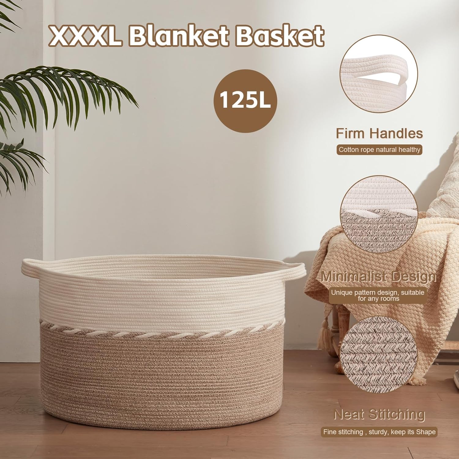 OIAHOMY 87L Extra Large Blanket Basket, 23" x 13", Jumbo Laundry Hamper, Cotton Rope Basket with Handles for Living Room,Baby Toy Storage Bins, Brown