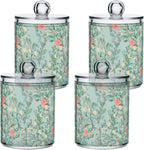 Vintage Floral Green 2 Pack Qtip Holder Dispenser for Cotton Ball, Swab, Pads - Clear Plastic Apothecary Jars with Lids for Bathroom Organizer, 10 oz