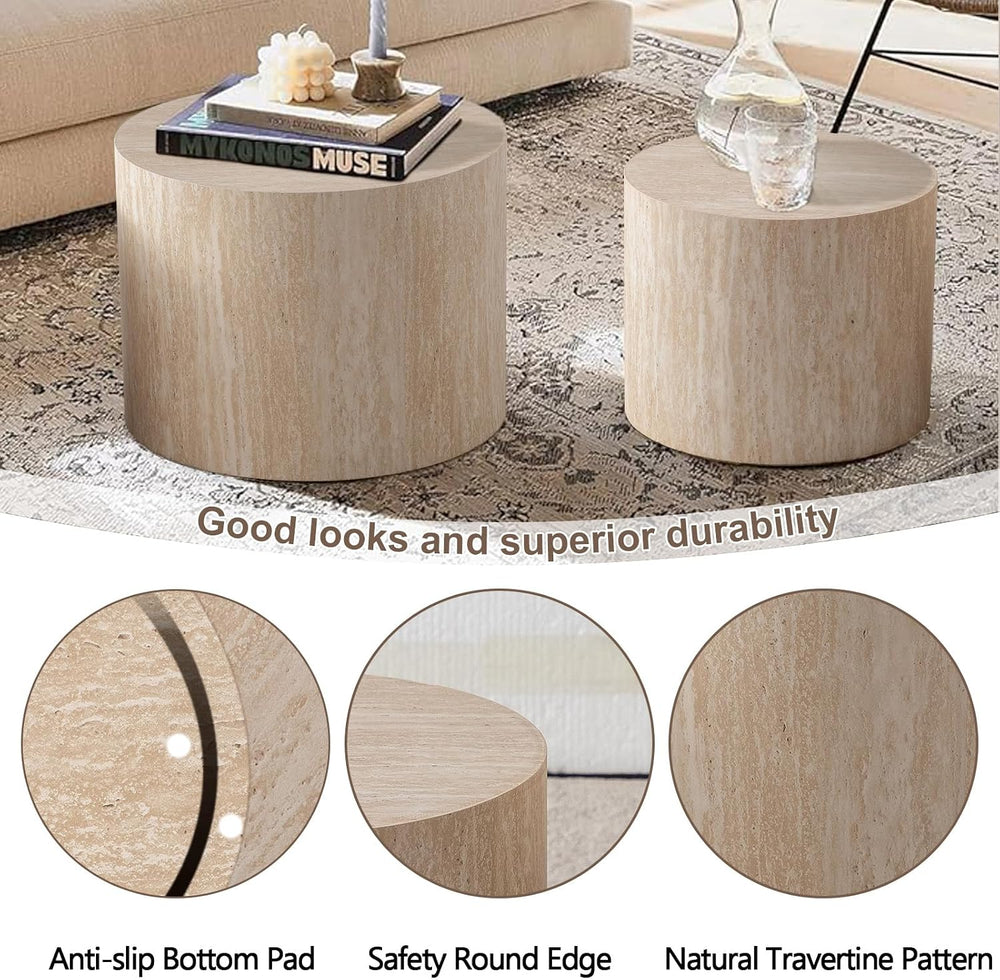 Modern Nesting Coffee Table Set of 2 Round Coffee Tables with Non-Slip Feet, ...