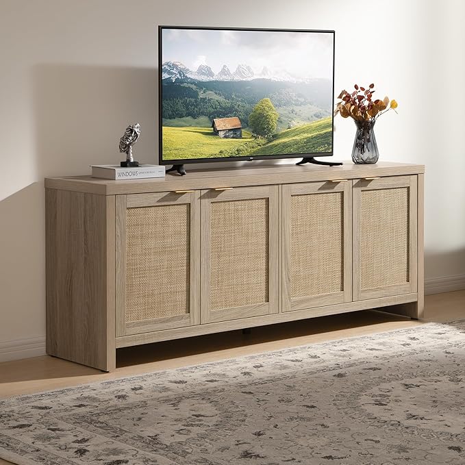SICOTAS TV Stand for Living Room Boho Entertainment Center for Bedroom with 4 Rattan Cabinets Farmhouse Television Stands with Storage Large Media Console Table for TVs up to 65 Inch