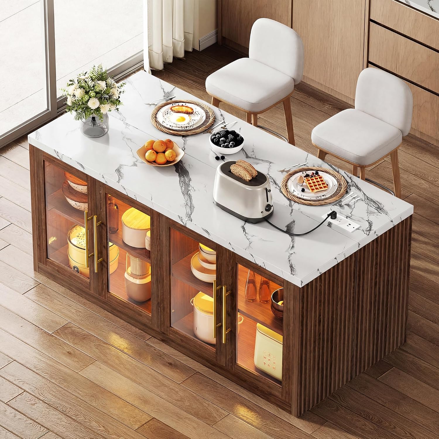 Kitchen Island with Storage, Faux Marble Island Table with RGB LED | Lights & Cabinet for Kitchen, Rolling Island Cart Modern Kitchen Island on Wheels for Dining Room, Home Bar, Walnut