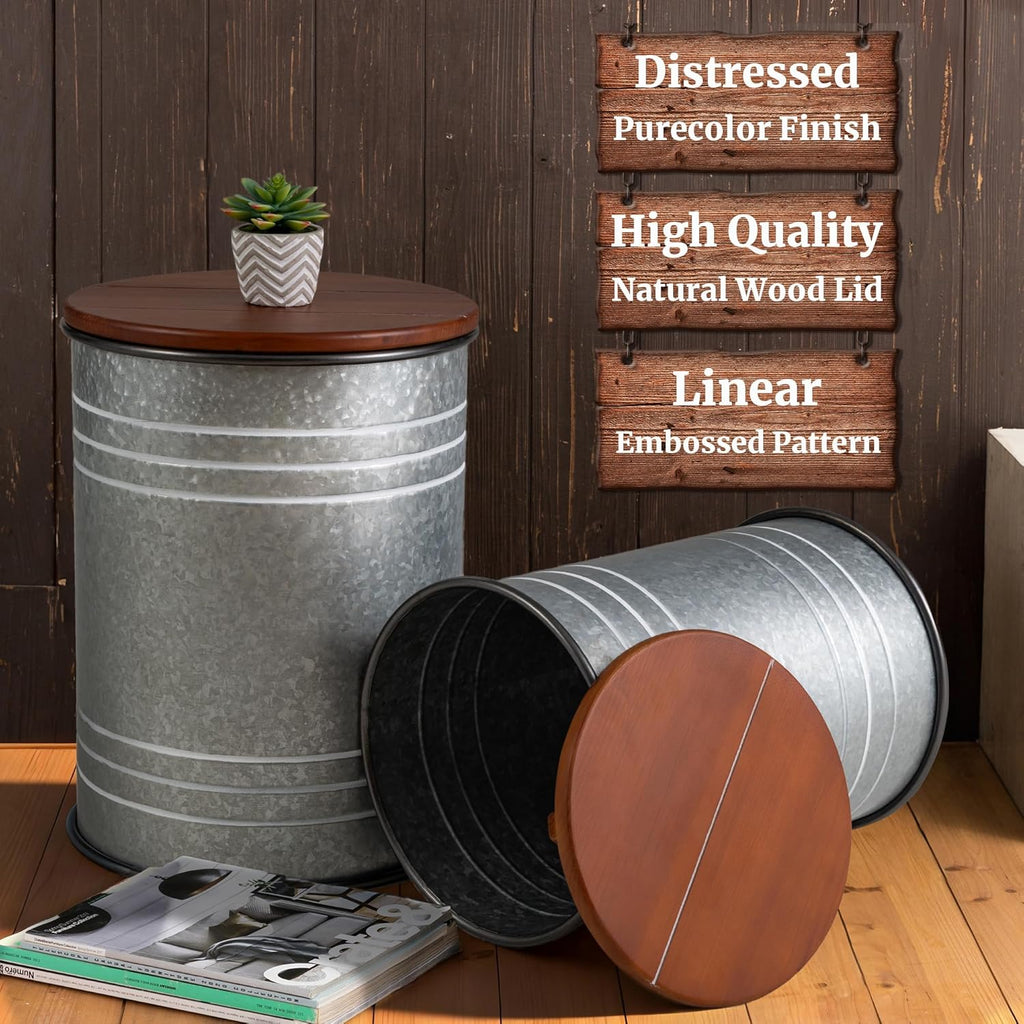 Glitzhome Nesting Tables for Living Room, Round Coffee Tables Set of 2, Metal Farmhouse Small Accent End Table with Storage and Lid for Bedroom Office Plant Stander, Grey