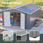 11x13FT Outdoor Storage Sheds with Floor Frame& Lockable Doors Garden Metal Shed Waterproof Galvanized Steel Tool Shed with Air Vents Sloping Roof Ideal for Backyard Patio Lawn Gray