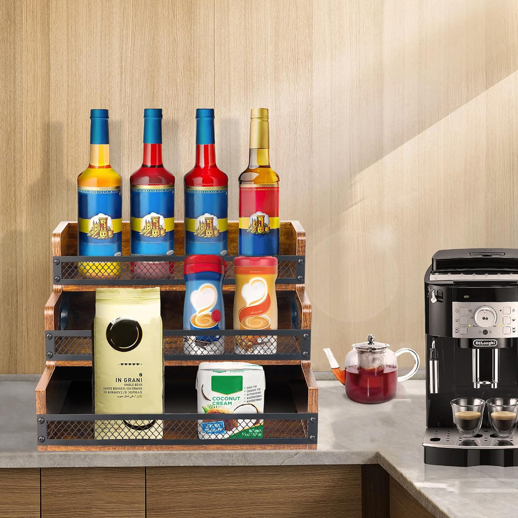 Liquor Bottle Display Shelf, Coffee Syrup Rack Organizer, 3 Step Countertop Liquor Wine Rack, 12 Bottles Coffee Station Organizer with Fences & Handles, Home Retro Bar Shelf Stand for Liquor Whiskey