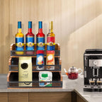 Liquor Bottle Display Shelf, Coffee Syrup Rack Organizer, 3 Step Countertop Liquor Wine Rack, 12 Bottles Coffee Station Organizer with Fences & Handles, Home Retro Bar Shelf Stand for Liquor Whiskey