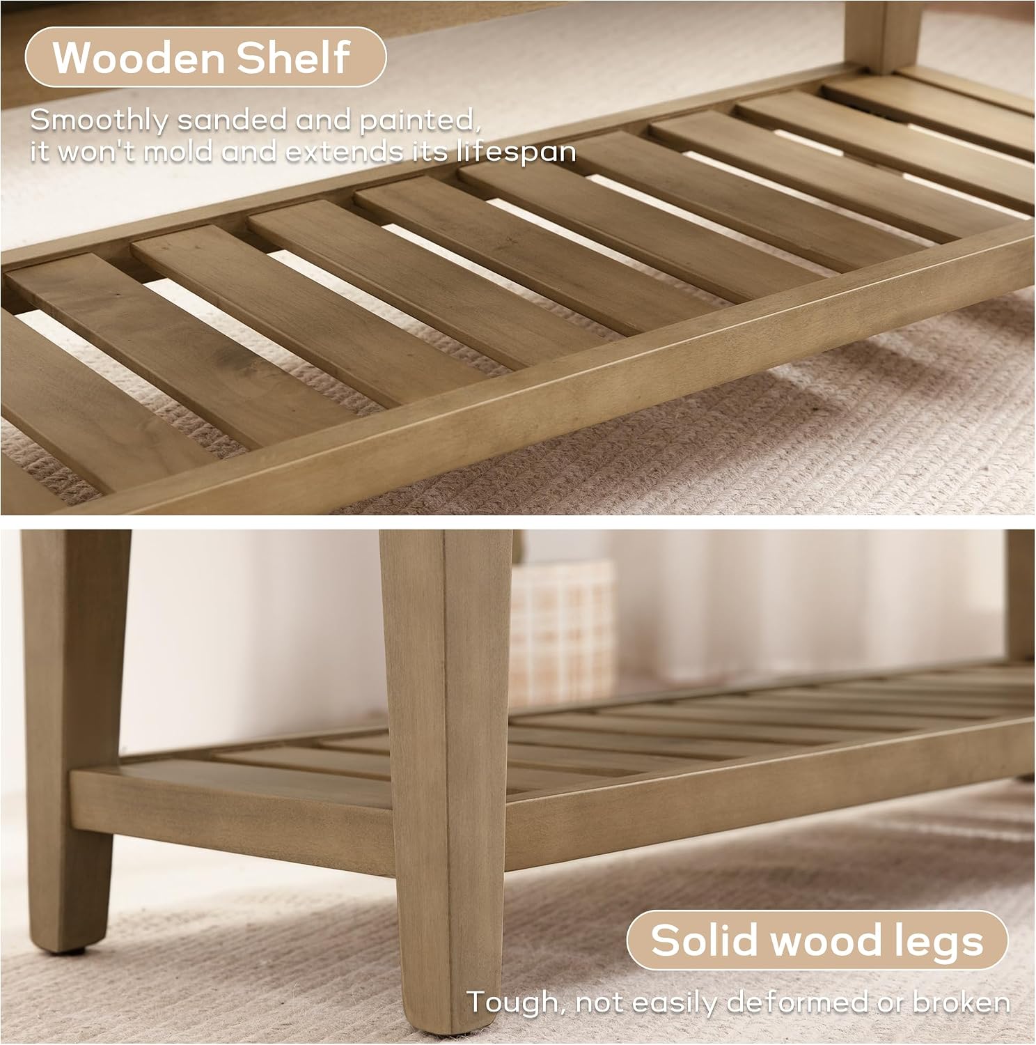 Entryway Bench with Cushion, Upholstered Shoe Rack Bench with Solid Wood Shelf, 44" End of Bed Bench for Bedroom, Chenille Fabric Storage Bench for Entryway, Hallway, Living Room (Brown)