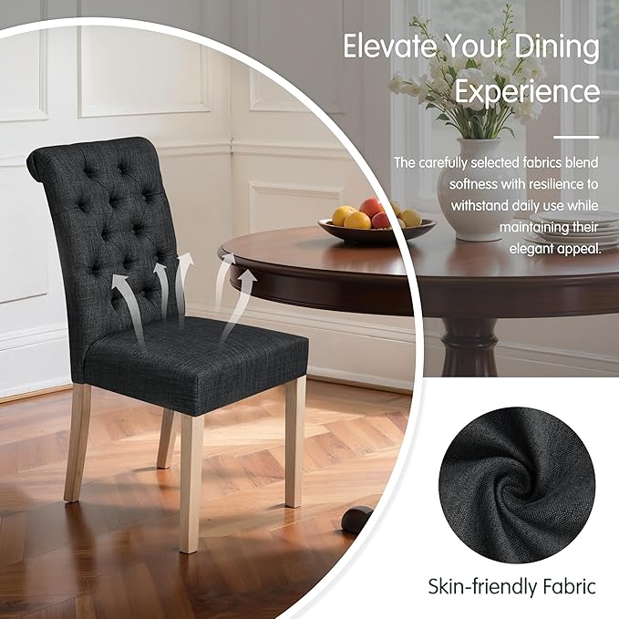 CHUN YI Dining Chairs Set of 8, Button Tufted Upholstered Fabric Dining Room Chairs with Solid Wood Legs and Curved Back, Parsons Side Chairs for Kitchen, Dark Grey