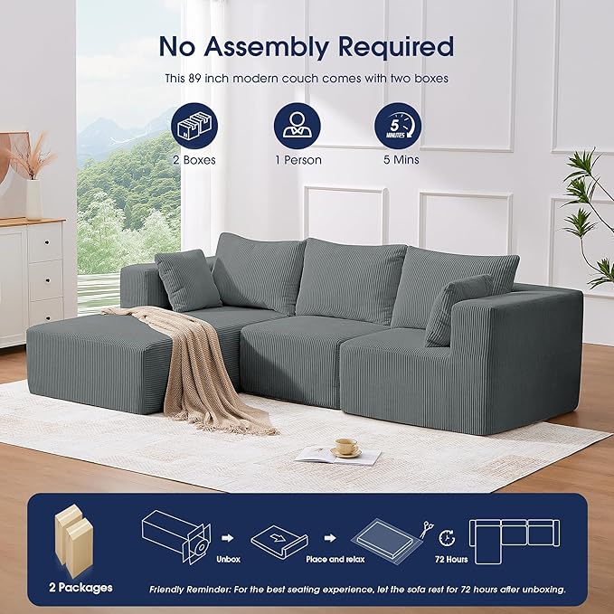 KINGYES 107'' Modular Sectional Sofa, L Shaped Cloud Couch for Living Room, Modern Boneless Sofa with Chaise for Bedroom, Light Gray