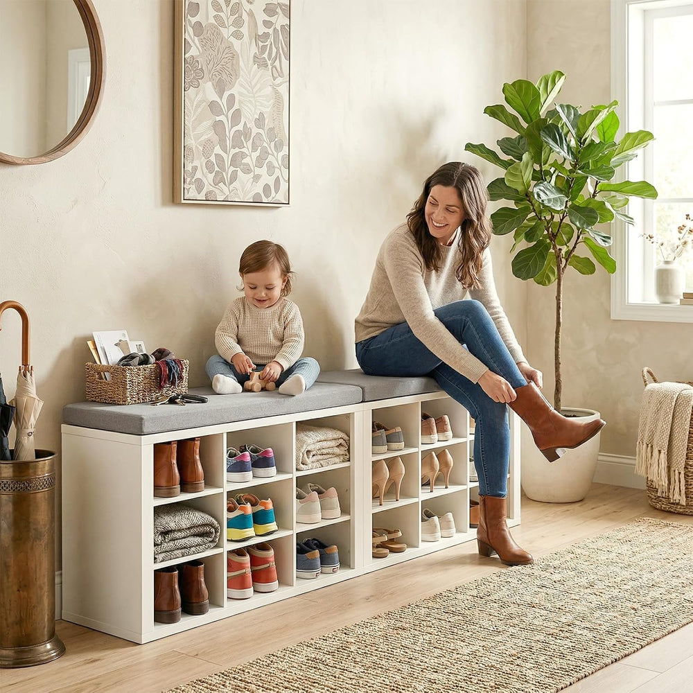 ITEFDTUTNE Shoe Rack Bench, 18 Cubbies Shoe Storage Bench with Cushion, 59&qu...