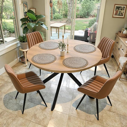 47.2" 5-Piece Round Dining Table Set for 4, Modern Wood Dining Table with 4 Upholstered Chairs, Kitchen & Dining Room Table Set with Metal Base for Apartment, Small Space, Natural Table+4 Brown Chairs