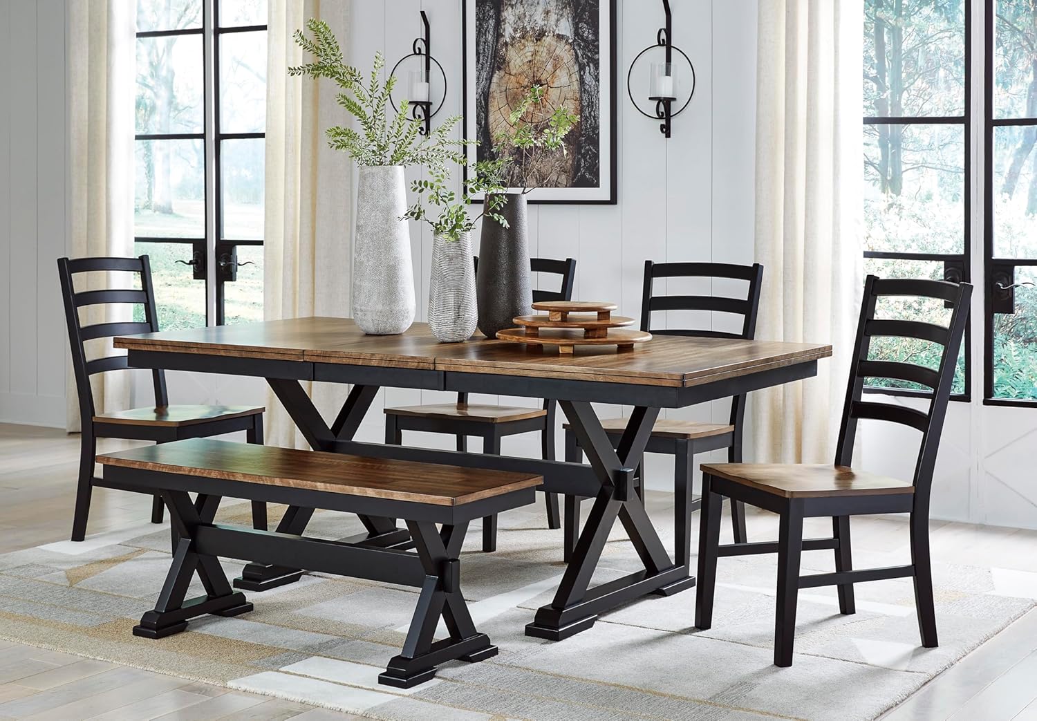Signature Design by Ashley Wildenauer Dining Bench, 48 Inch Farmhouse Two Tone Wooden Seating with Solid Wood Frame, Mango Veneer and MDF Substrate Seat, Casual Entryway or Kitchen Use, Brown/Black