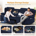 Recliner Sofa with Storage Console, Flip Middle Backrest Design 3-Seater Reclining Sofa with Storage Drawer, USB Ports & Cup Holders, Manual Couch for Living Room (Blue, 3 Seater + Console)