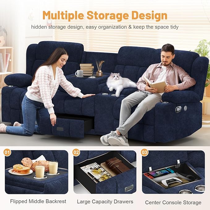 Recliner Sofa Set with Storage Console, Flip Middle Backrest Design 3 Seater Reclining Sofa and 2PC Single Recliner Chair, Manual Couches for Living Room (Blue, 3 Seat+Console+1+1)