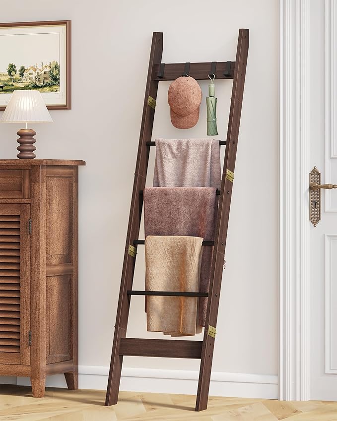 Blanket Ladder for Living Room, Decorative Quilt Rack with 4 Removable Hooks, 6-Tier Farmhouse Ladder Holder Shelf Organizer for Bedroom, Black Tea Brown and Black BR31520B