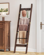 Blanket Ladder for Living Room, Decorative Quilt Rack with 4 Removable Hooks, 6-Tier Farmhouse Ladder Holder Shelf Organizer for Bedroom, Black Tea Brown and Black BR31520B