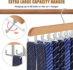 Tie Rack Hanger for Closet, 2 in 1 Belt Tie Hangers with 20 Folding Hooks, 360 Degree Rotating Wooden Tie Holder Organizer for Men Ties Belts Scarves Tank Tops Accessories, Wood (1 Pack)