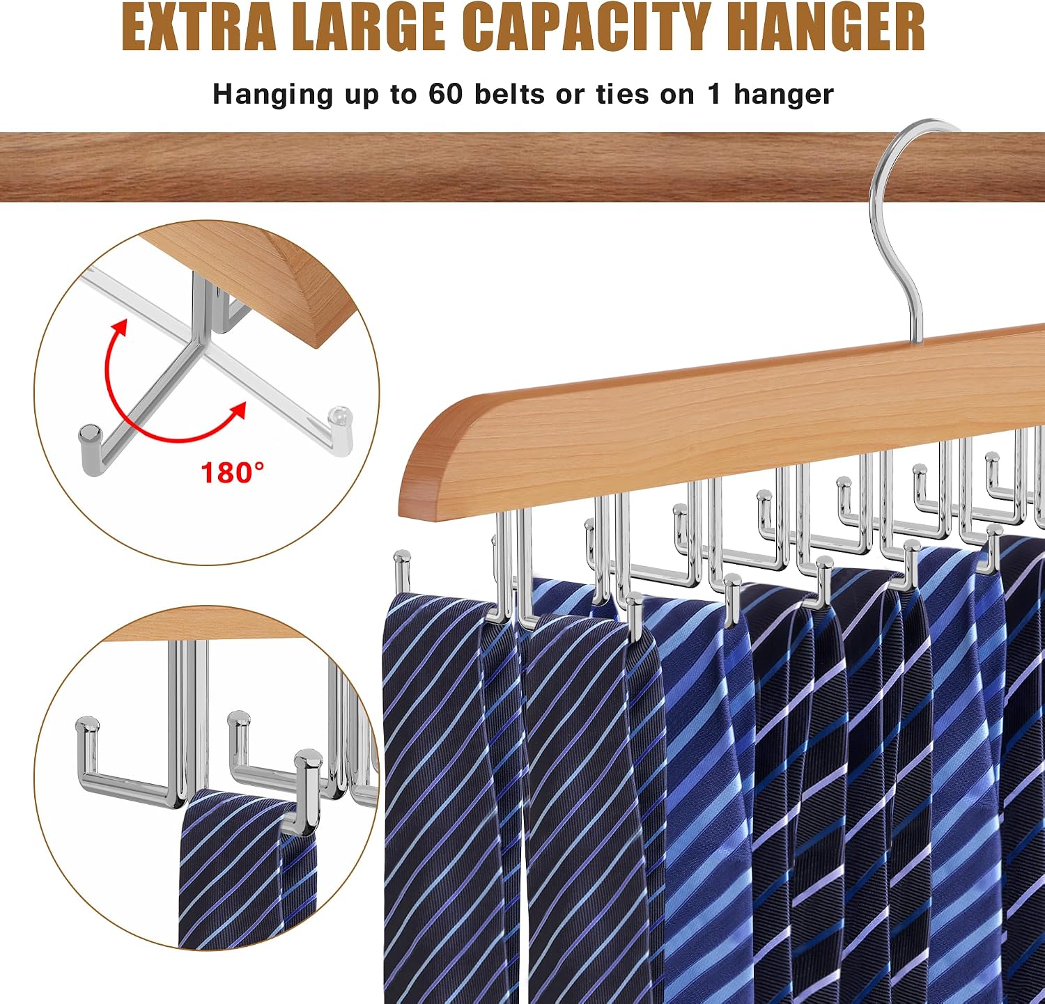 Tie Rack Hanger for Closet, 2 in 1 Belt Tie Hangers with 20 Folding Hooks, 360 Degree Rotating Wooden Tie Holder Organizer for Men Ties Belts Scarves Tank Tops Accessories, Wood (1 Pack)