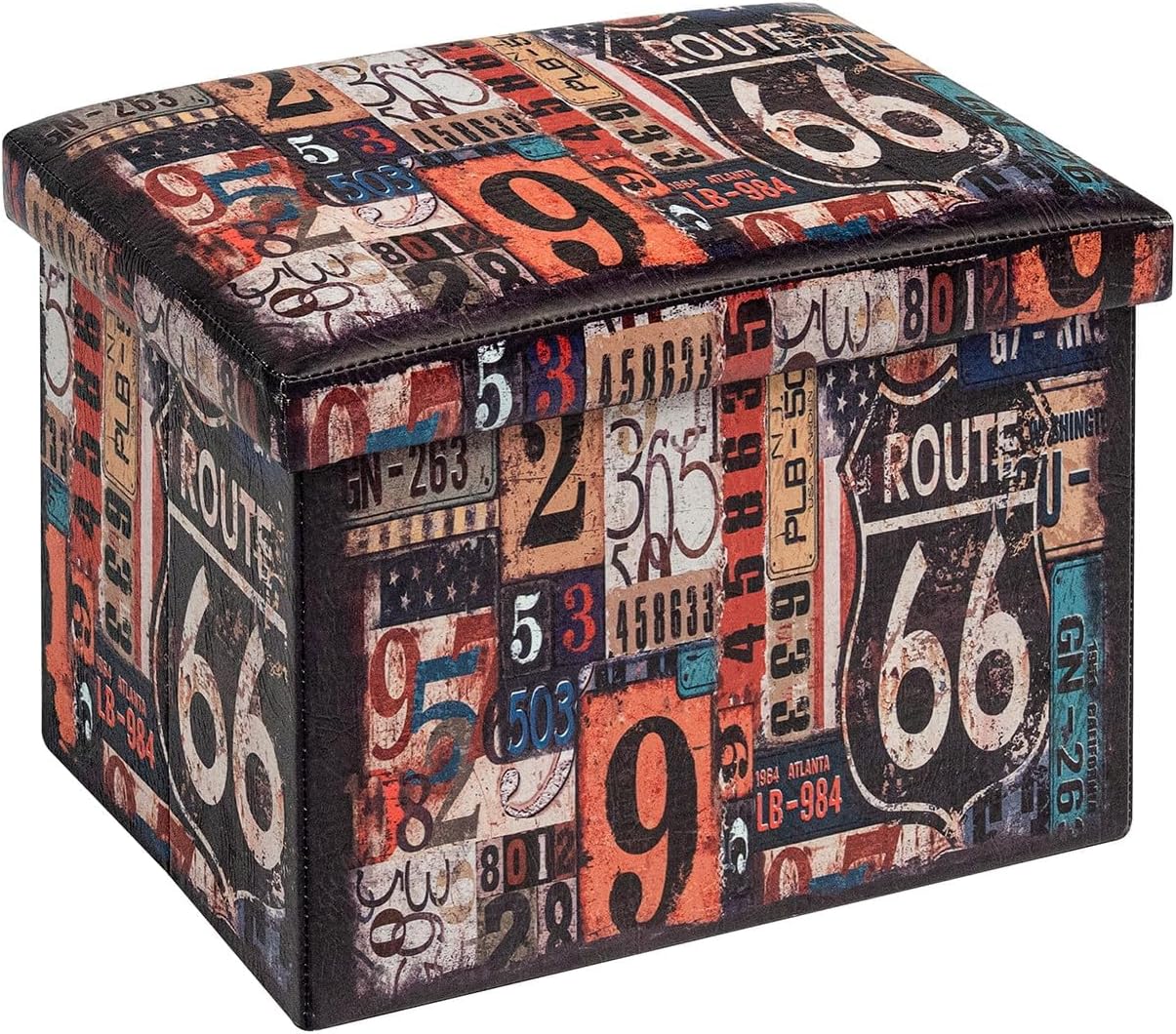 B FSOBEIIALEO Route 66 Storage Ottoman Bench, Faux Leather Foot Rest Seat for Living Room, Storage Organizer 16.54"x12.6"x12.6"