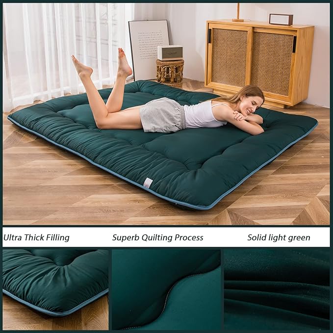 MAXYOYO Japanese Floor Mattress Futon Mattress, 4" Thicken Tatami Mat Sleeping Pad Foldable Roll Up Mat Boys Girls Dormitory Pad Kids Floor Lounger Pillow Bed, Charcoal Grey, Queen Size